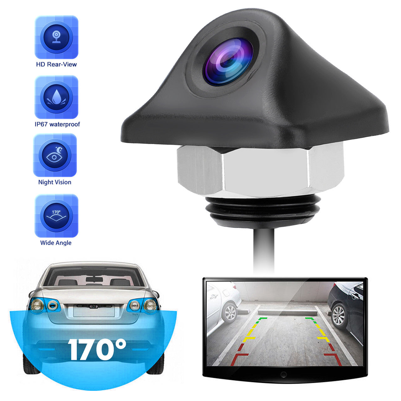 HD Reverse Backup Camera with Night Vision, Vehicle Rear-view Reverse Cam w/ 170° Wide Viewing Angle, Parking Camera Monitor for 12V Car Truck SUV RV, IP67 Waterproof