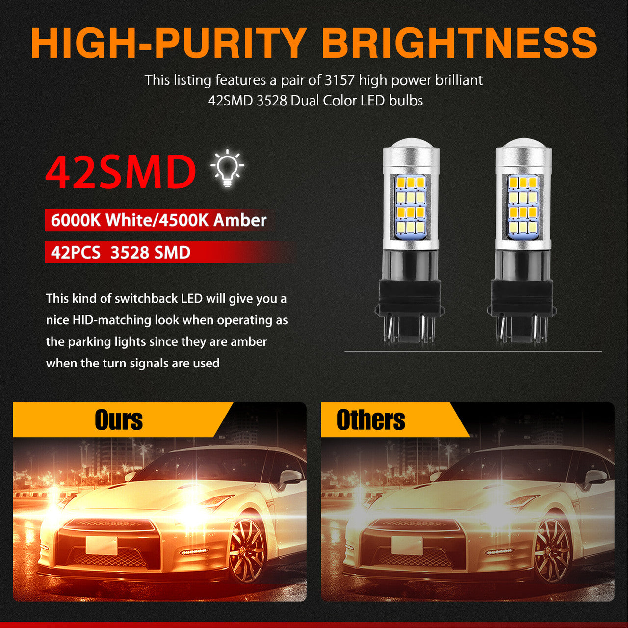 2Pcs 3157 Switchback LED Bulbs, Extremely Bright 2835 42 LED Xenon White/Amber LED Lights, 3157 Dual Color Turn Signal Parking LED Light Bulbs, 12V