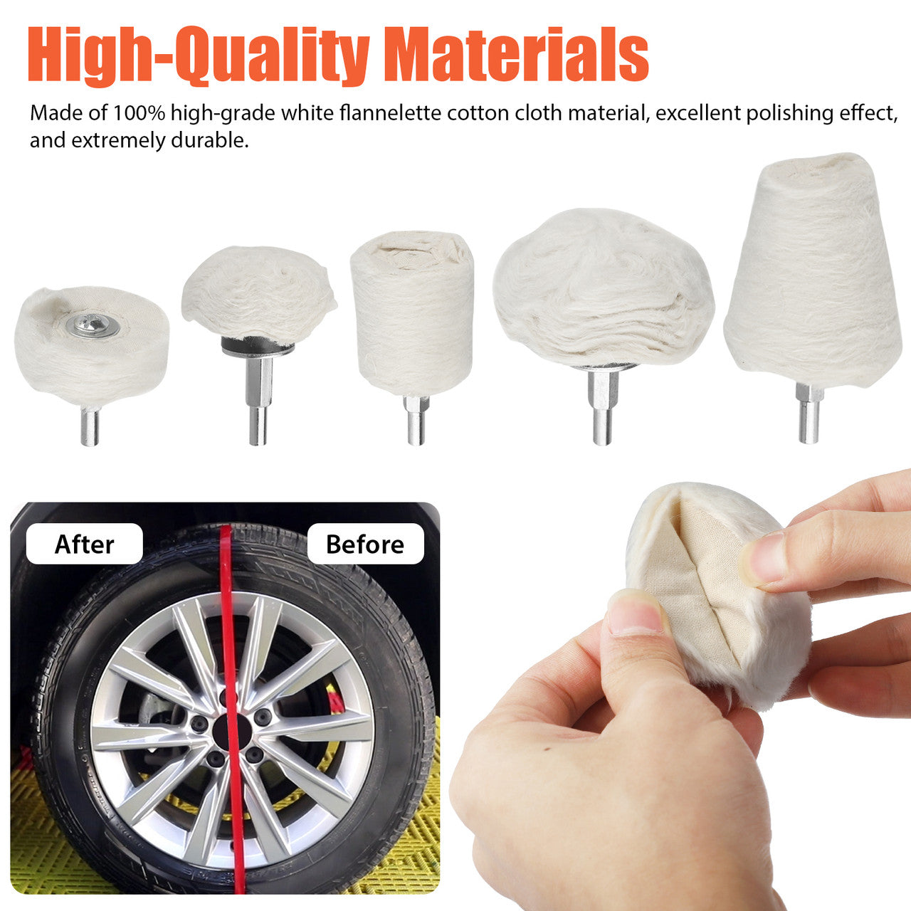 White Cotton Buffing Polishing Mop Wheel Pads Set Kit for Car Auto Vehicle, 5PC
