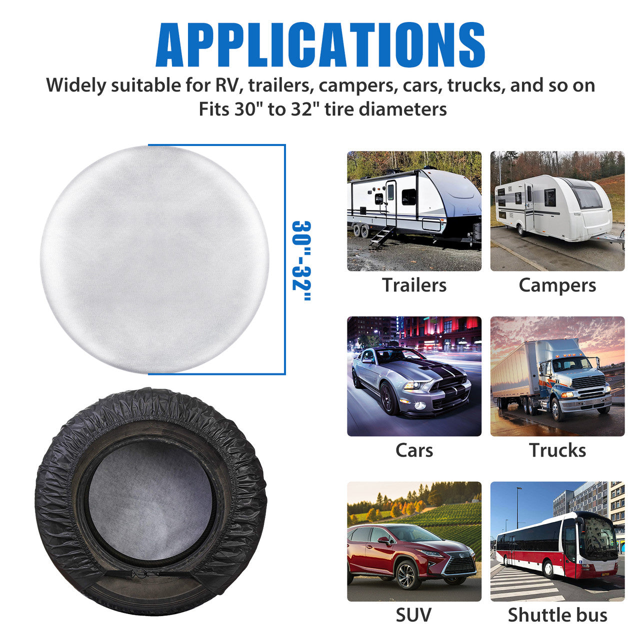 Waterproof Tire Covers for Car, Automotive Vehicle with Hook L, Silver, 4PCS