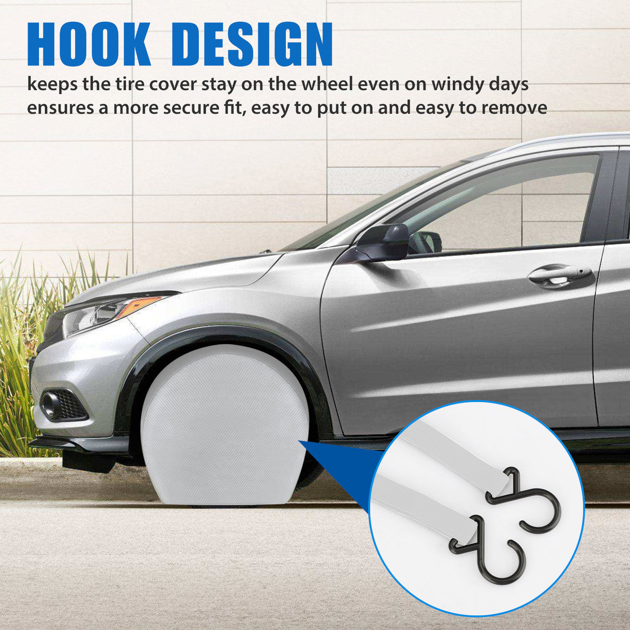 Waterproof Tire Covers for Car, Automotive Vehicle with Hook L, Silver, 4PCS