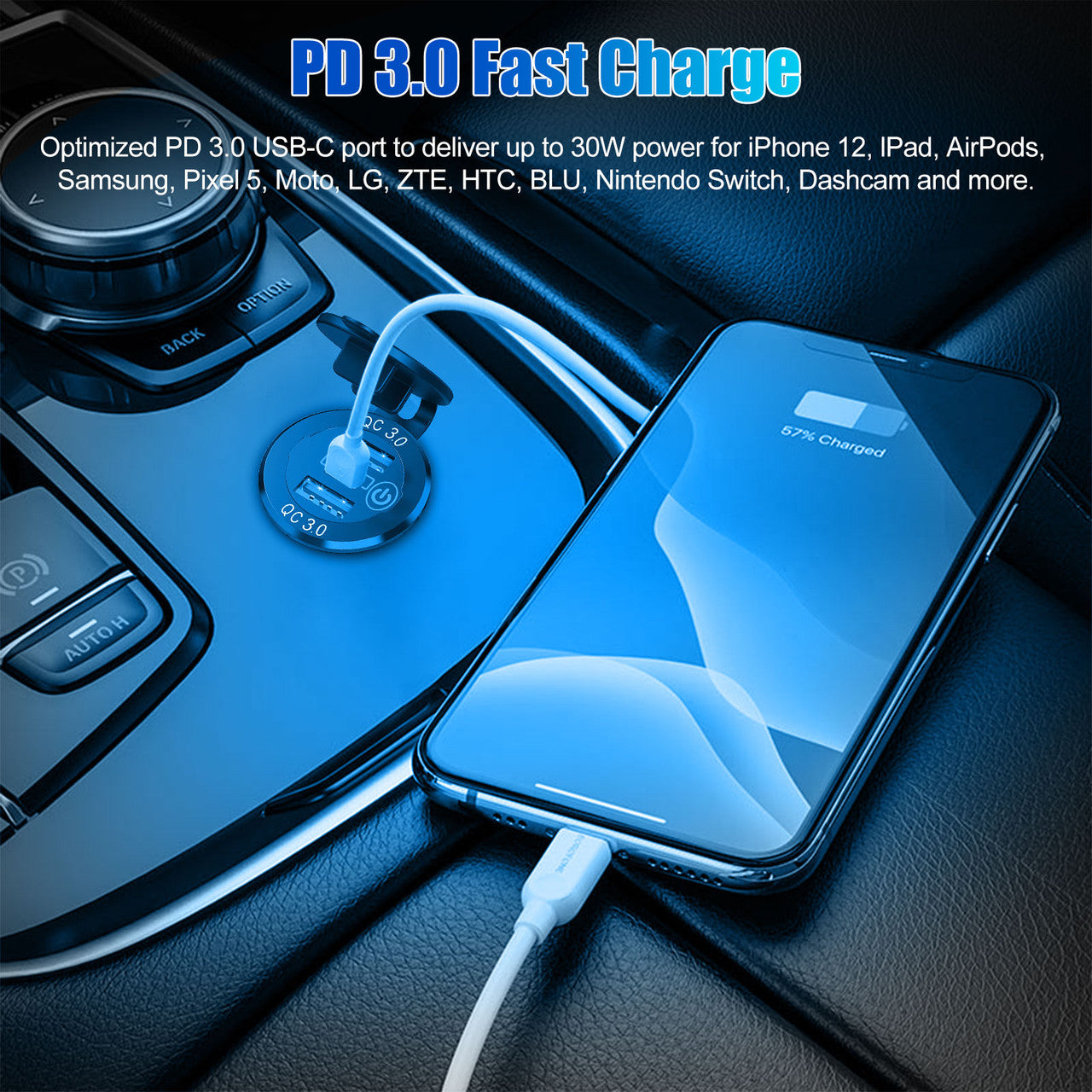 QC3.0 PD Fast Car Charger Socket with Dual USB Ports and a Metal Body