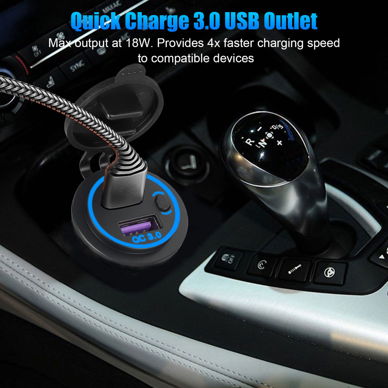 USB C Car Charger Socket with Switch, Blue