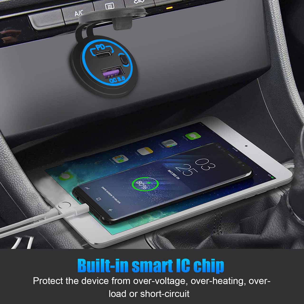 USB C Car Charger Socket with Switch, Blue