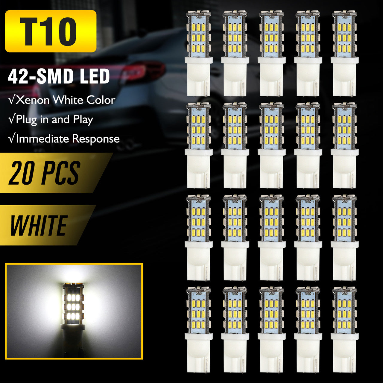 T10 194 LED Light Bulb 42-SMD Super Bright 168 2825 W5W LED Replacement 12V Bulbs For Car Dome Map Door License Plate RV Trailer Backup Reverse Lights, Pure White 6500K, 20Pcs