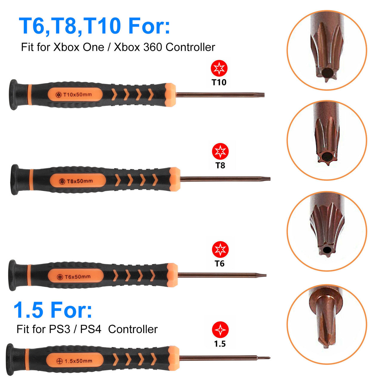 T6 T8 T10 Screwdriver Set, Xbox Repair Kit Fit for Xbox One Xbox 360 Controller and PS3 PS4 Controller w/Cross Screwdriver 1.5, 10 in 1