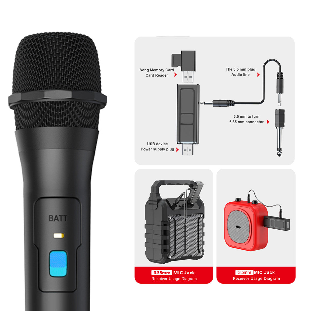 VHF Wireless Microphone Handheld Mic System Karaoke with a 20-50M Tranismission Distance
