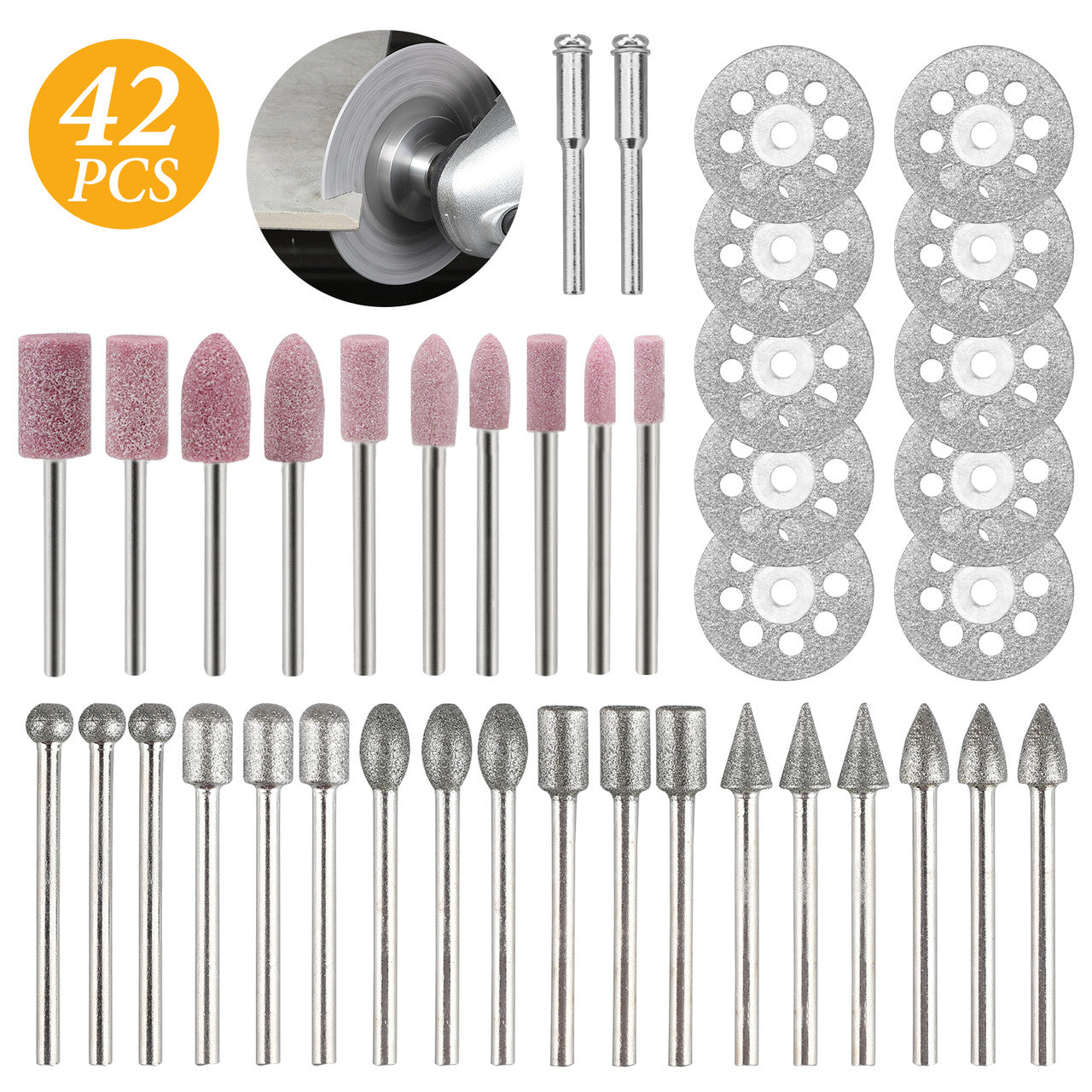 Rotary Grinding Bit Set, 10PCS Diamond Cutting Wheel (22mm) + 20pcs Diamond Grinding Burr Drill Bits Sets + 10PCS Abrasive Mounted Stone Grinding Wheels + 2PCS Mandrel Bits (3mm Mandrel), 42PCS