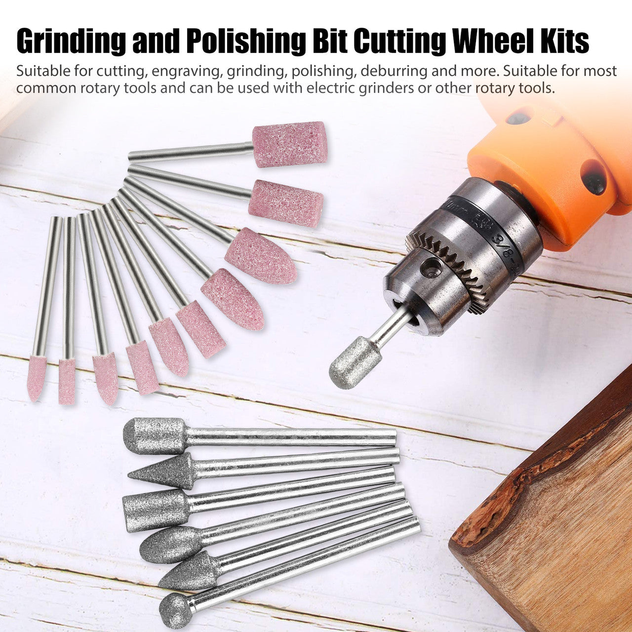 Rotary Grinding Bit Set, 10PCS Diamond Cutting Wheel (22mm) + 20pcs Diamond Grinding Burr Drill Bits Sets + 10PCS Abrasive Mounted Stone Grinding Wheels + 2PCS Mandrel Bits (3mm Mandrel), 42PCS
