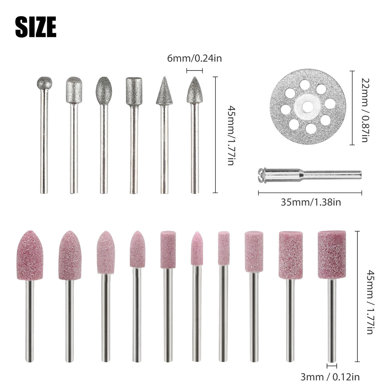 Rotary Grinding Bit Set, 10PCS Diamond Cutting Wheel (22mm) + 20pcs Diamond Grinding Burr Drill Bits Sets + 10PCS Abrasive Mounted Stone Grinding Wheels + 2PCS Mandrel Bits (3mm Mandrel), 42PCS