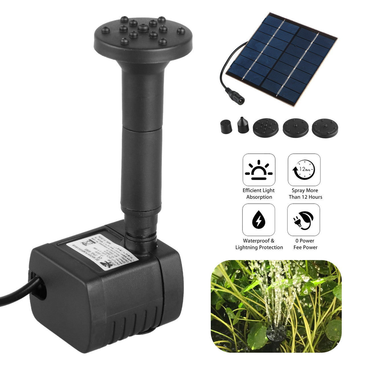 1.2W Solar Fountain Free Standing Floating with 4 Sprinkler Heads for Different Water Flows(9.9FT Cord)