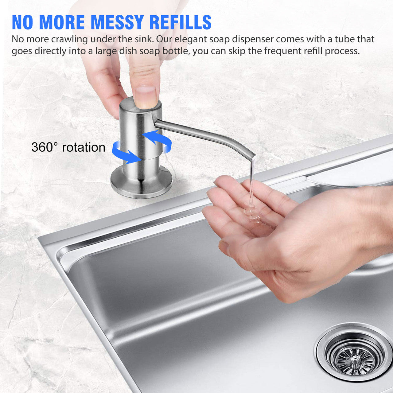 Soap Dispenser Extension 47" Tube Kit for Kitchen Sink and Tube Kit(Brass Brushed Nickel), Stainless Press Head with Silicone Tube Connects Directly to Soap Bottle, No More Refills