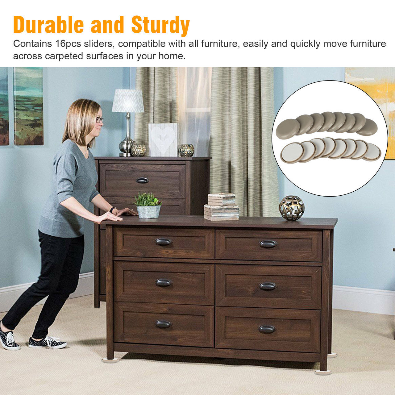 Round Furniture Sliders Self Stick for Carpet Surfaces, 16pcs