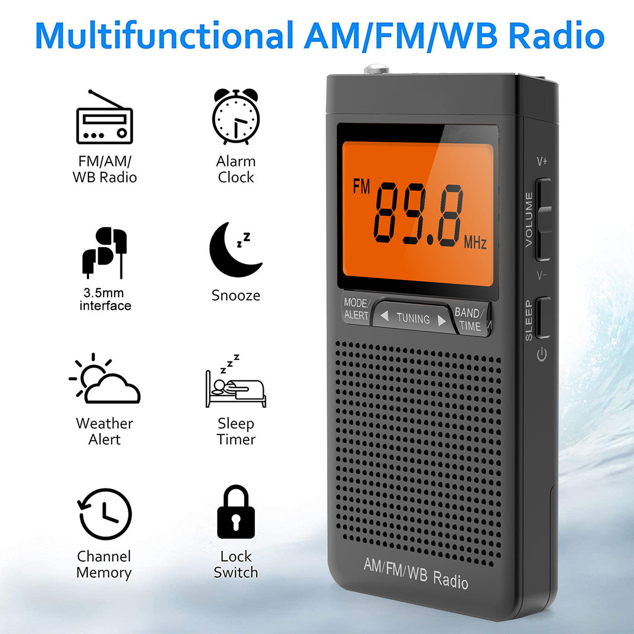 NOAA Weather Alert Radio, Portable AM/FM Battery Operated Transistor Radio with Headphone Jack, Great Reception, Alarm Clock, LCD Display, Pocket Radio for Office, Bedroom, Running, Walking
