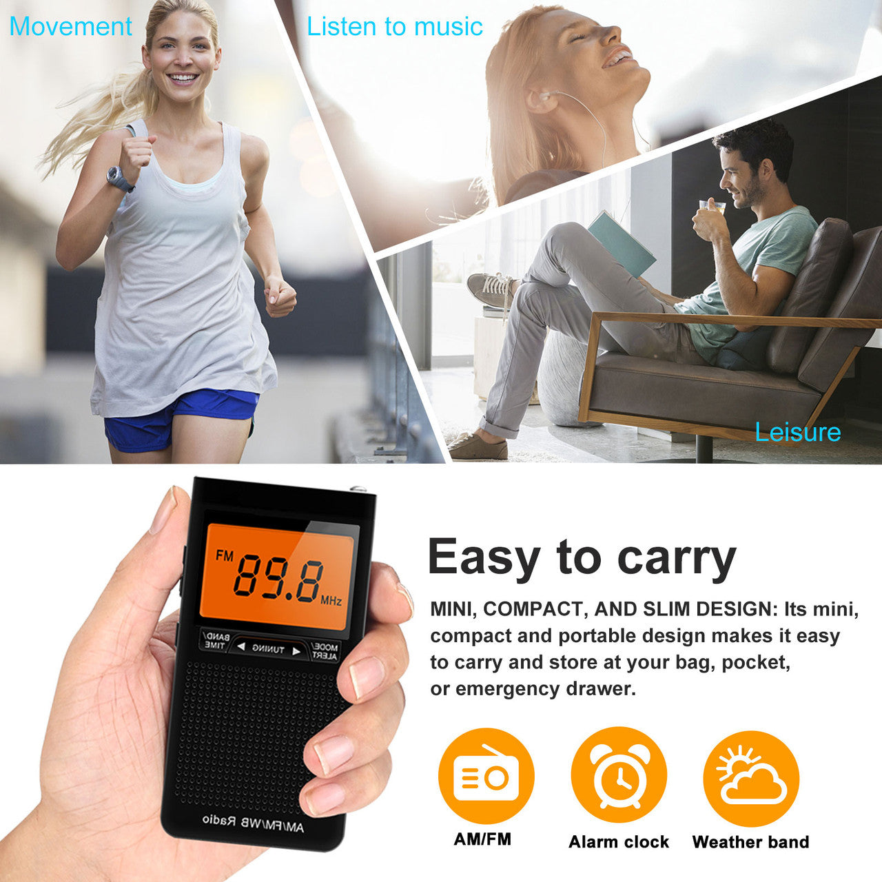 NOAA Weather Alert Radio, Portable AM/FM Battery Operated Transistor Radio with Headphone Jack, Great Reception, Alarm Clock, LCD Display, Pocket Radio for Office, Bedroom, Running, Walking
