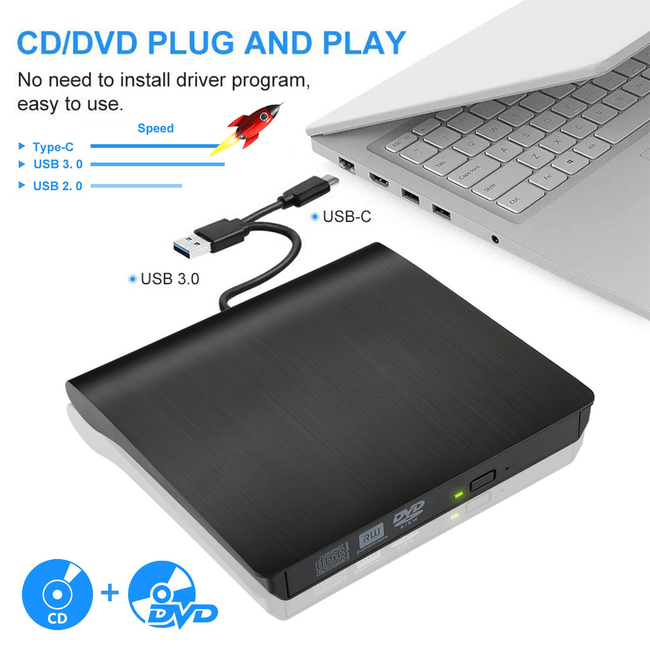 External CD DVD Drive for PC Laptop, DVD Player CD Burner Type C USB 3.0 Portable CD DVD +/-RW External Disk Drive Optical Drive Slim CD DVD ROM Recorder Writer Adapter fits for Mac/Windows/Linux, Black