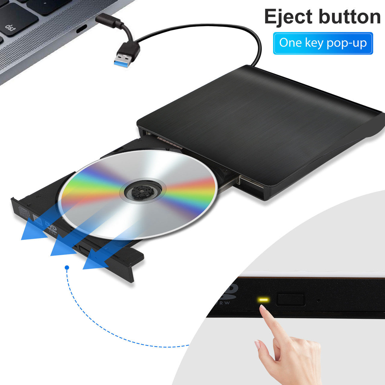 External CD DVD Drive for PC Laptop, DVD Player CD Burner Type C USB 3.0 Portable CD DVD +/-RW External Disk Drive Optical Drive Slim CD DVD ROM Recorder Writer Adapter fits for Mac/Windows/Linux, Black