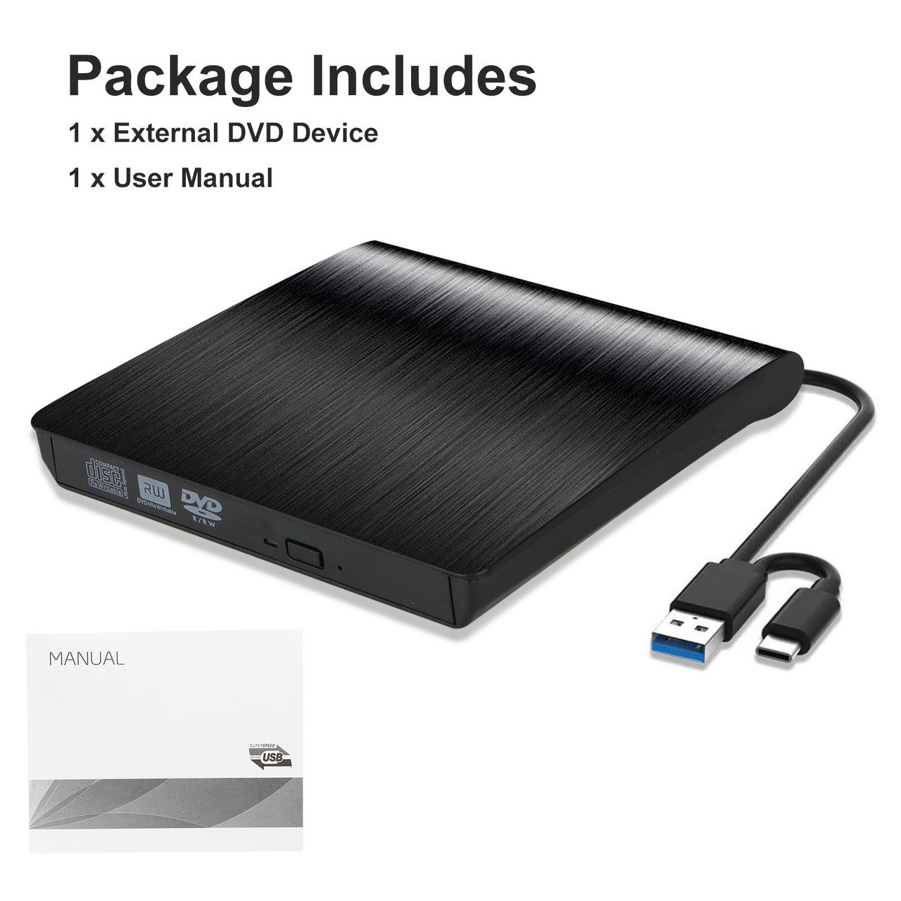 External CD DVD Drive for PC Laptop, DVD Player CD Burner Type C USB 3.0 Portable CD DVD +/-RW External Disk Drive Optical Drive Slim CD DVD ROM Recorder Writer Adapter fits for Mac/Windows/Linux, Black