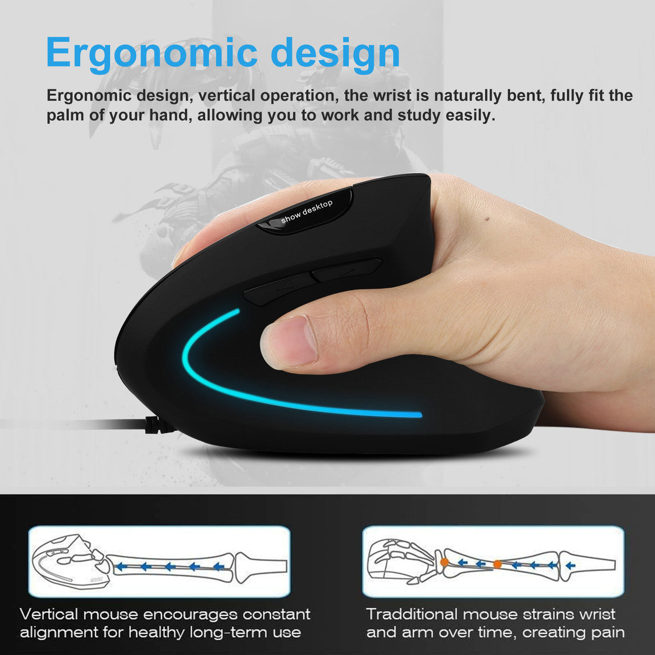 Wired Ergonomic Vertical Mouse, Large Ergonomic Computer Mouse High Precision Optical Mice with 6 Buttons, Adjustable 2400DPI and Reduce Wrist Pain for Office Gaming PC Computer Laptop, Black