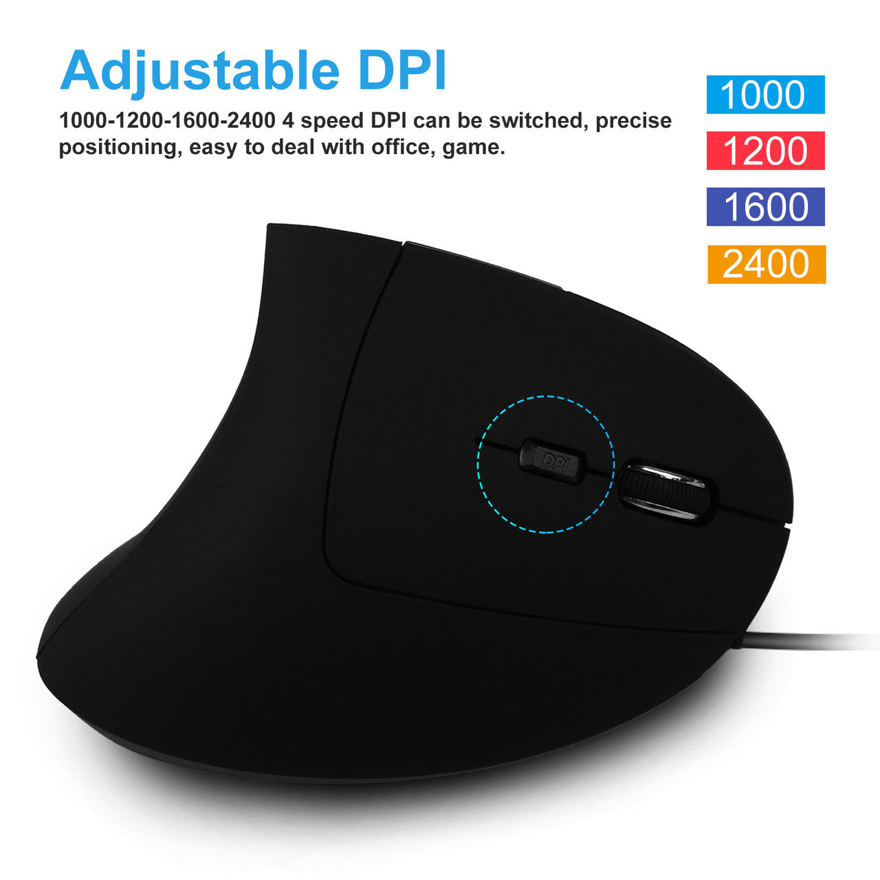 Wired Ergonomic Vertical Mouse, Large Ergonomic Computer Mouse High Precision Optical Mice with 6 Buttons, Adjustable 2400DPI and Reduce Wrist Pain for Office Gaming PC Computer Laptop, Black