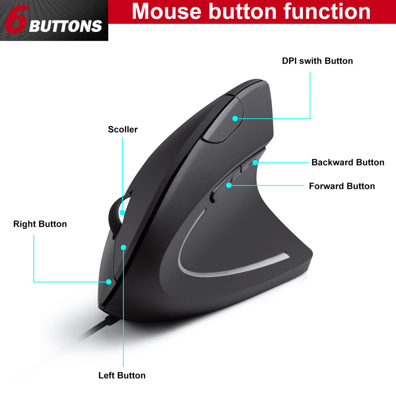 Wired Ergonomic Vertical Mouse, Large Ergonomic Computer Mouse High Precision Optical Mice with 6 Buttons, Adjustable 2400DPI and Reduce Wrist Pain for Office Gaming PC Computer Laptop, Black