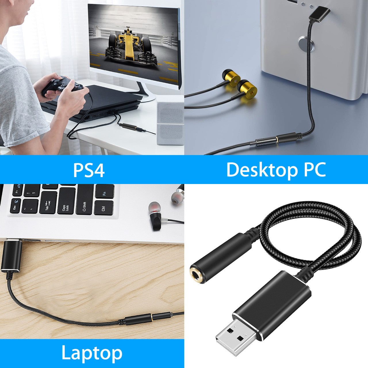 USB to 3.5mm Aux Headphone Jack Cable Audio Adapter For PC PS4 Laptop MacBook