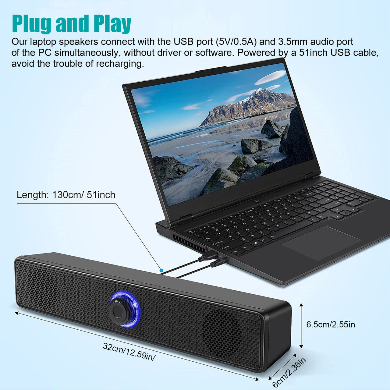 Stereo USB Powered Soundbar Stylish Speaker for PC Tablets Desktop Cellphone Laptop