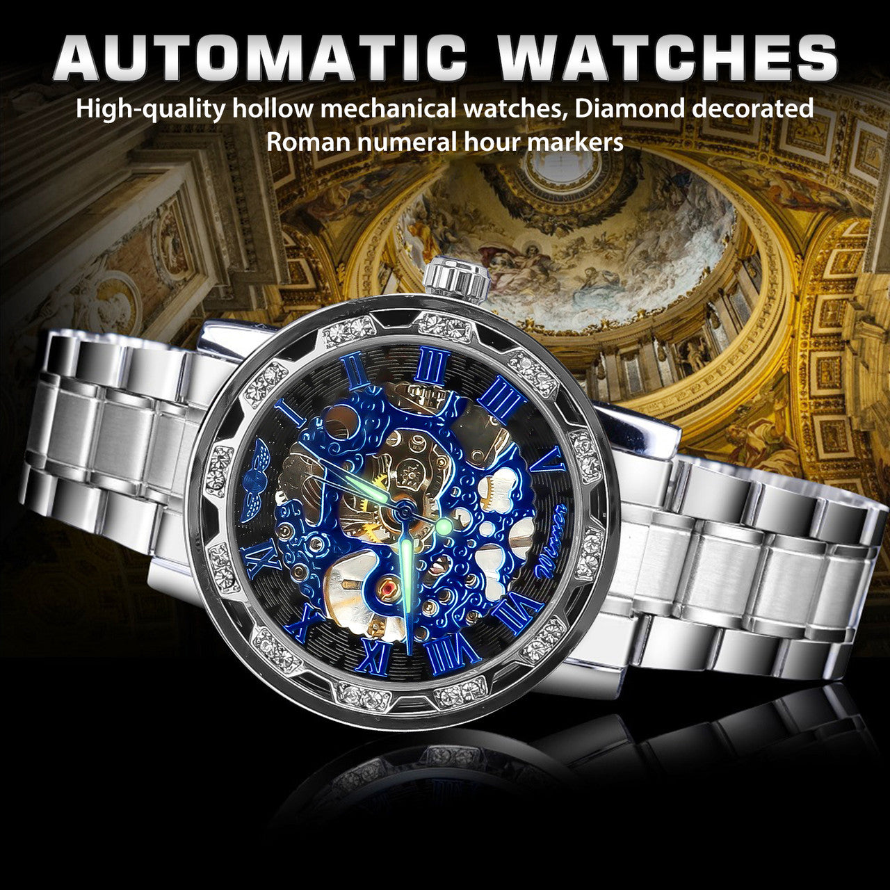 Winner Luxury Men's Stainless Steel Diamond Mechanical Watch