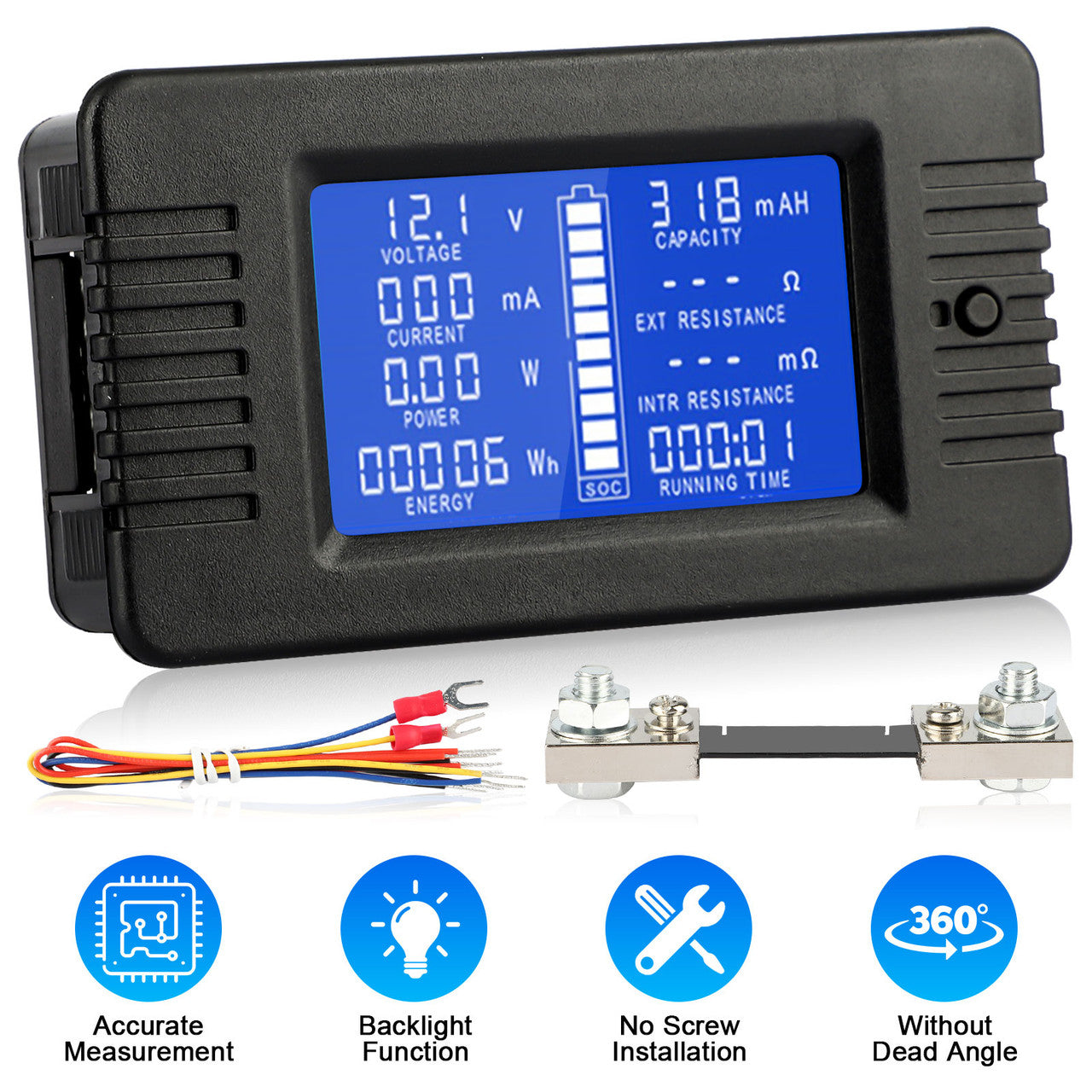 DC Battery Monitor Meter, Accurate 9 Measurement Functions Monitor Meter Display Simultaneously on LCD HD Display, for Measuring Voltage, Current, Resistance, Internal Resistance, Capacity, SOC