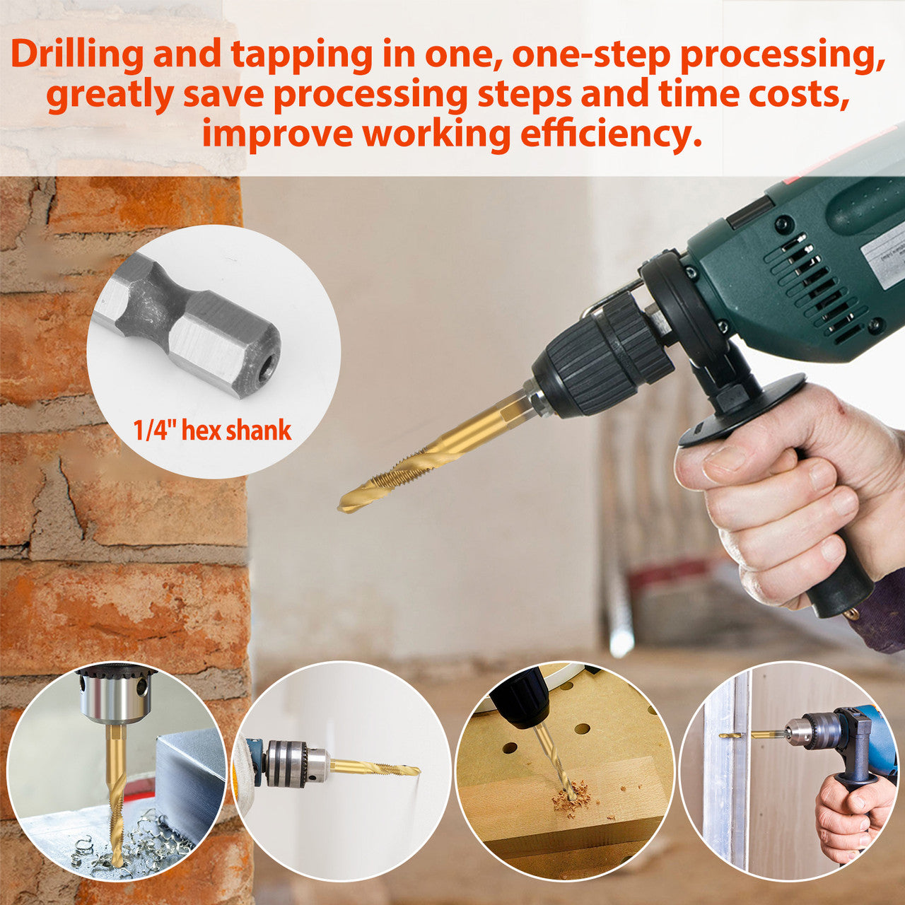 1/4 Inch Hex Shank Drill Bit and Screw Tap Set, Suitable for Drilling, Tapping, Cutting, Gold, Gold