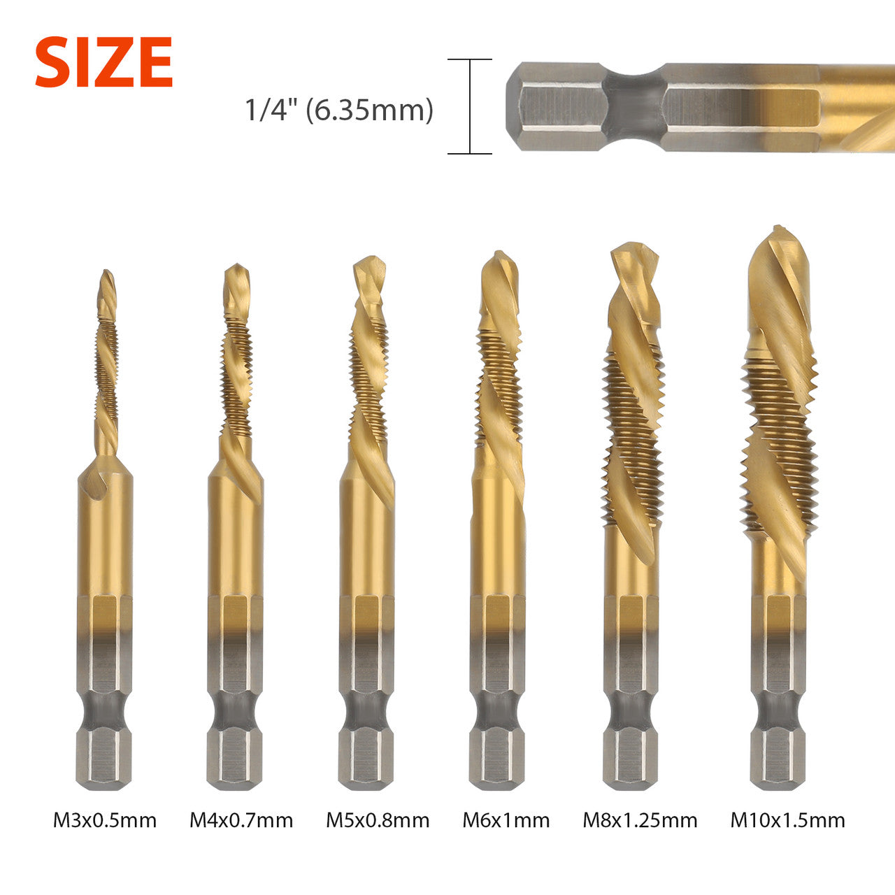1/4 Inch Hex Shank Drill Bit and Screw Tap Set, Suitable for Drilling, Tapping, Cutting, Gold, Gold