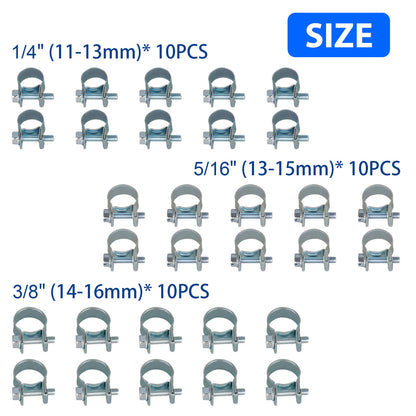 1/4" 5/16" 3/8" Fuel Injection Gas Line Hose Clamps Clip Pipe Clamp, 30 Pcs