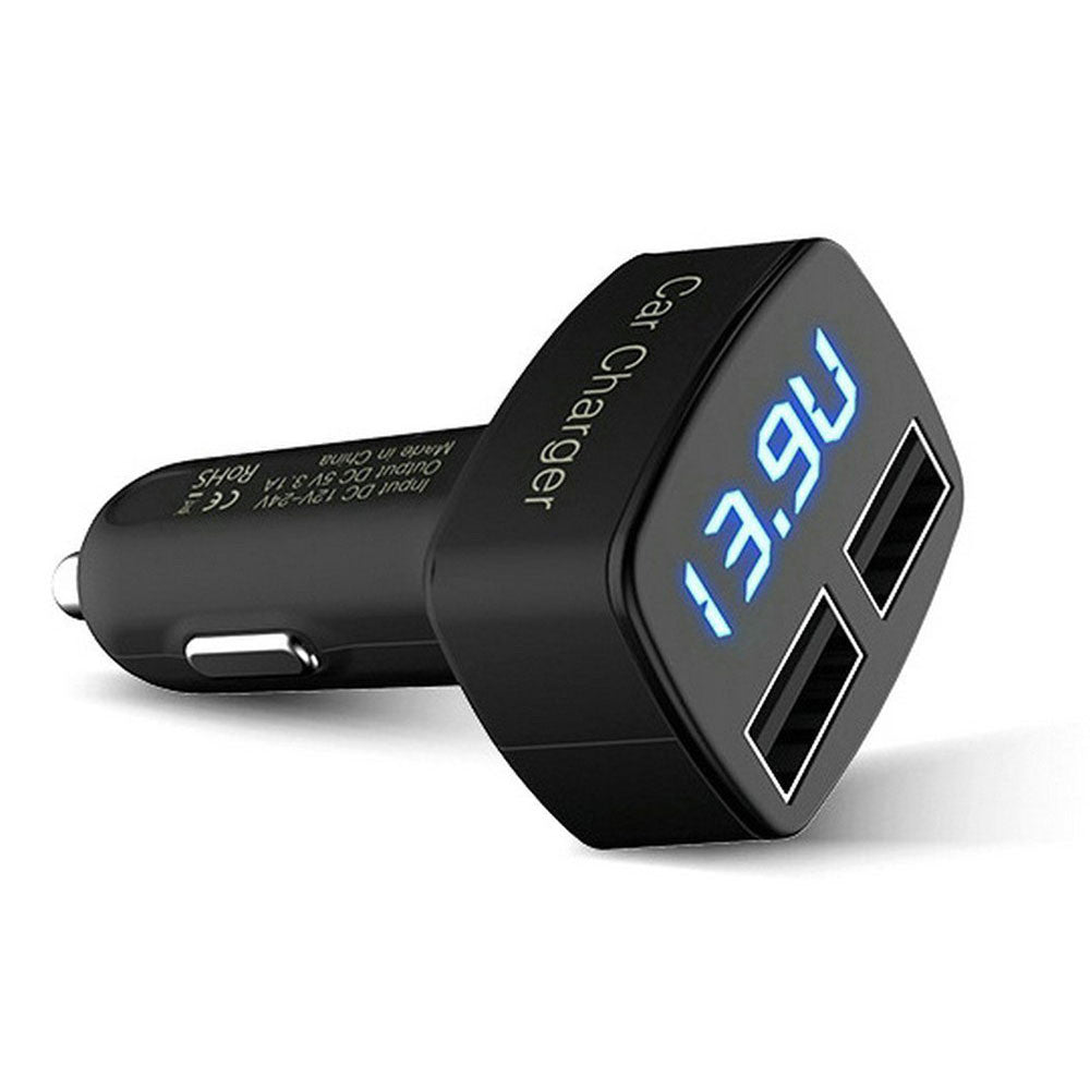 4-in-1 Dual USB Car Charger Adapter, 3.1A Cigarette Lighter Voltage Volt Meter Monitor, Over Current Protection and Blue LED Display Voltage Amps & Temperature (Degrees Celsius)