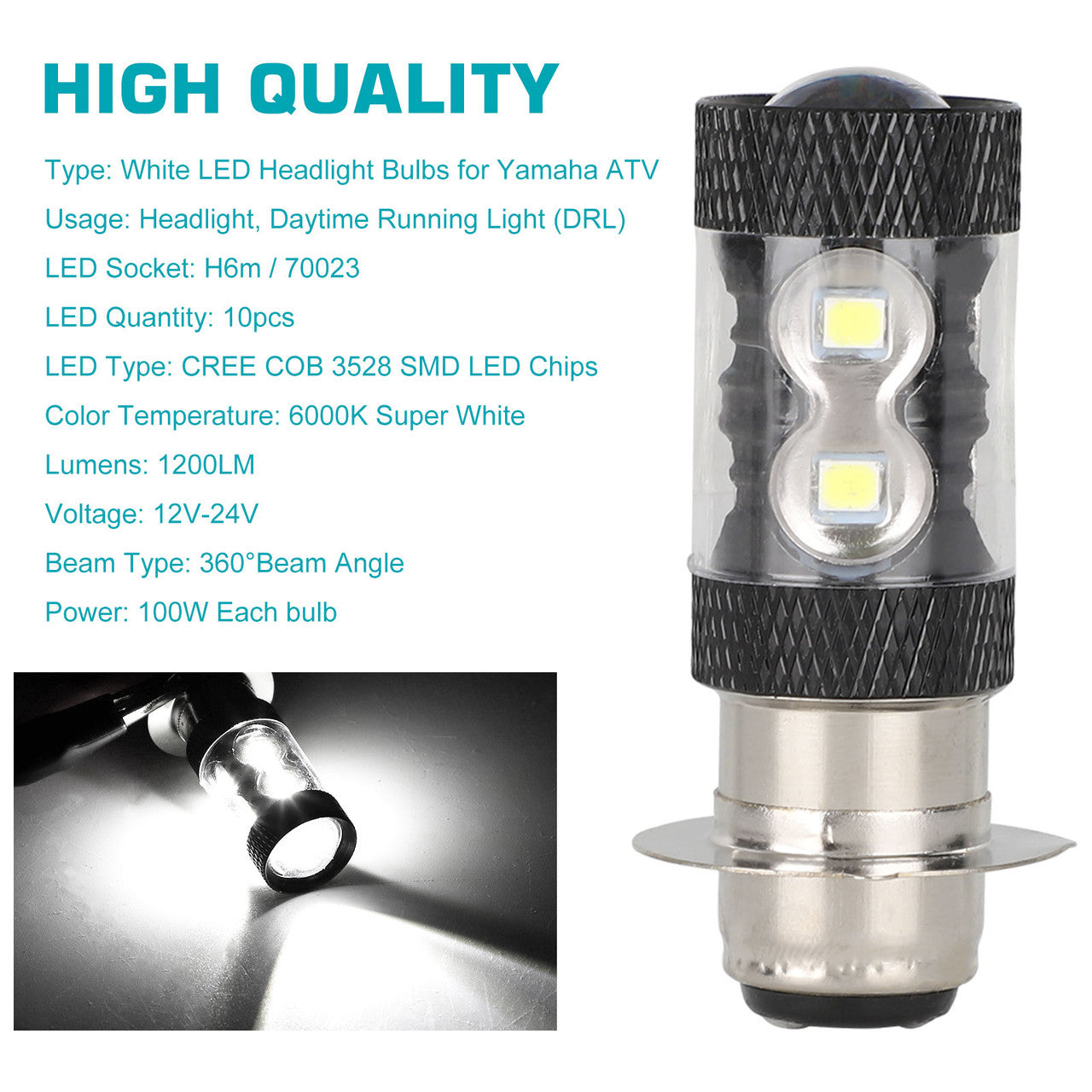 LED Headlight Bulb for Yamaha, 2 Pcs 6000K Super White H6M 70023 LED Bulbs Replacement for Headlight Daytime Running Light - Compatible with Yamaha Banshee Blaster Bruin Raptor Rhino