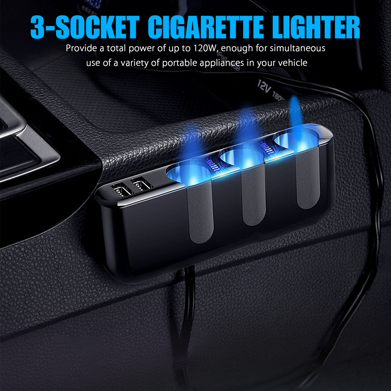 3 Way Car Cigarette Lighter Socket Splitter, Dual USB Car Charger Splitter Adapter 5V 3.5A, 120W Universal Cigarette Lighter Socket with LED Lights, Suitable for Phones GPS DVR Charging