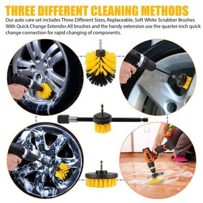 4pc Drill Brush Car Detailing Cleaner Kit w/Extended Attachment Wash Power Scrub