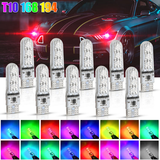 10x Multi-color RGB LED T10 168 194 Bulbs w/RF Remote Control Car Parking Lights