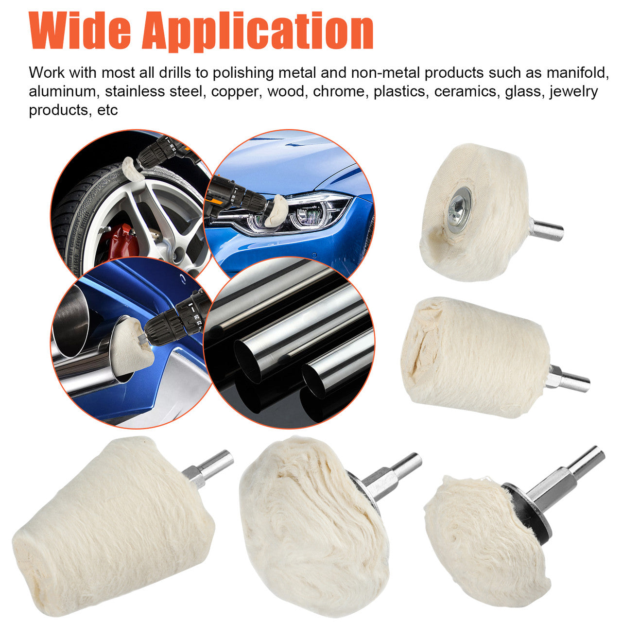 White Cotton Buffing Polishing Mop Wheel Pads Set Kit for Car Auto Vehicle, 5PC