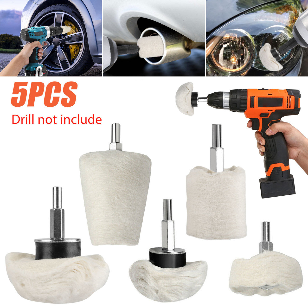 White Cotton Buffing Polishing Mop Wheel Pads Set Kit for Car Auto Vehicle, 5PC