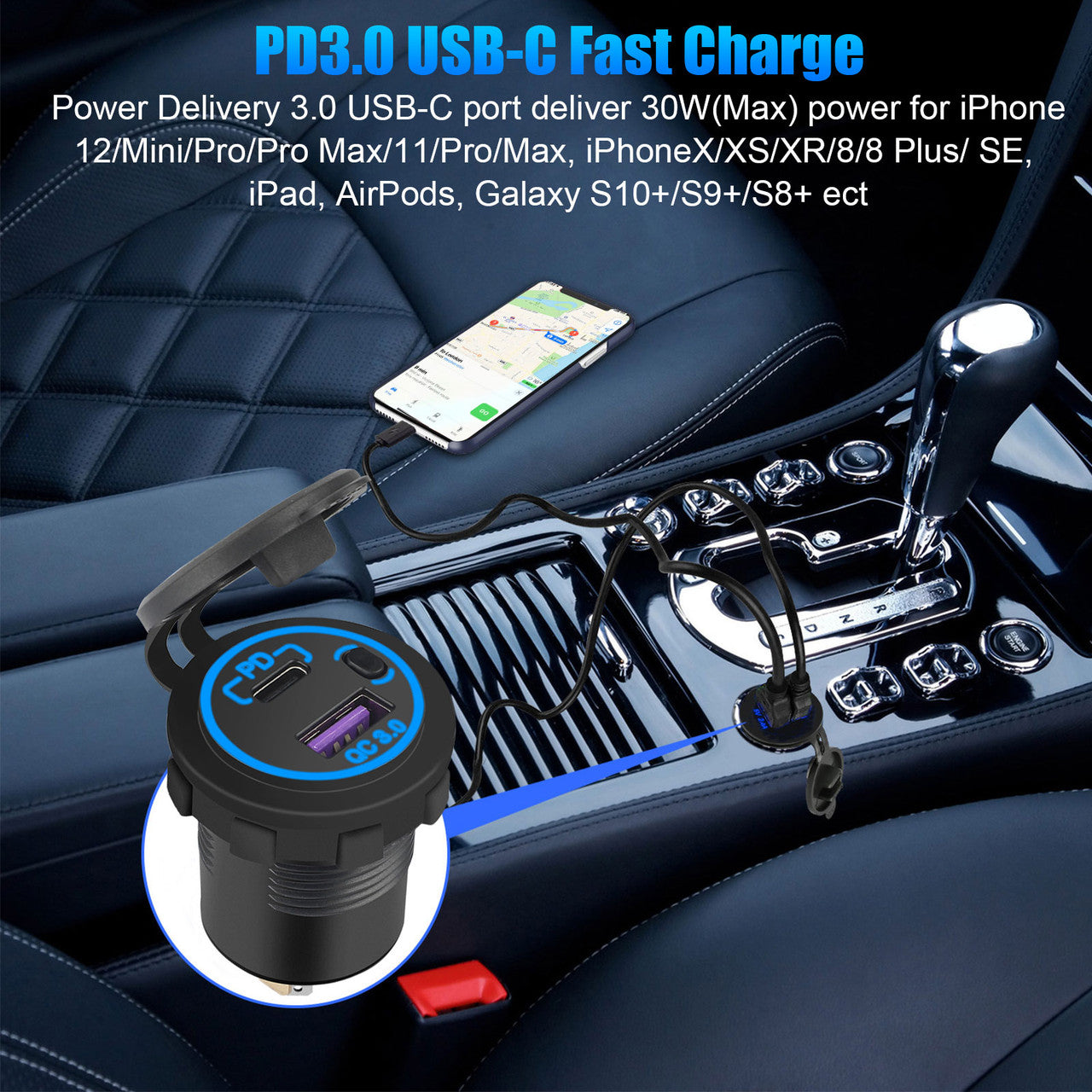 USB C Car Charger Socket with Switch, Blue
