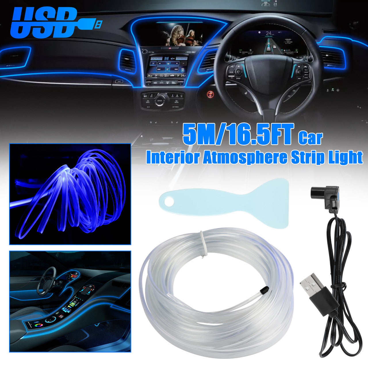 Wire Interior Car Led Strip Lights-5M/15FT USB Neon Glowing Strobing Electroluminescent Wire Lights with 6MM Sewing Edge, Ambient Lighting Kits