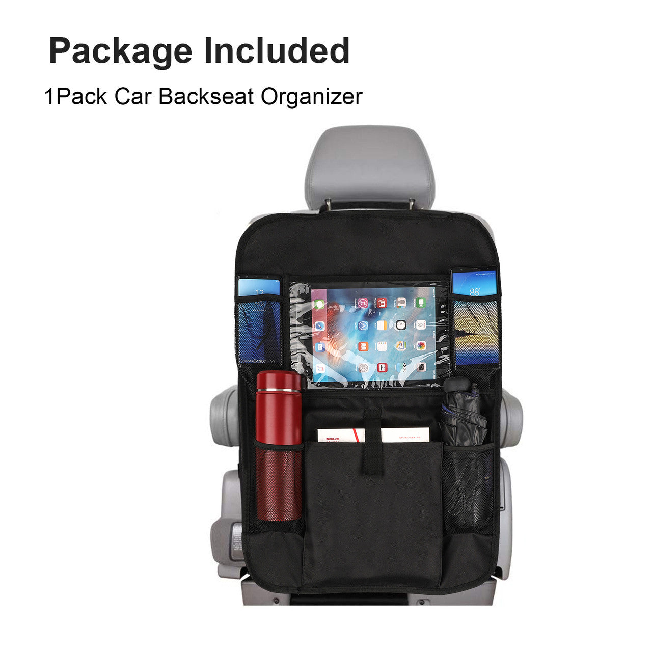 Car Backseat Organizer with Touch Screen Tablet Holder + 6 Storage Pockets