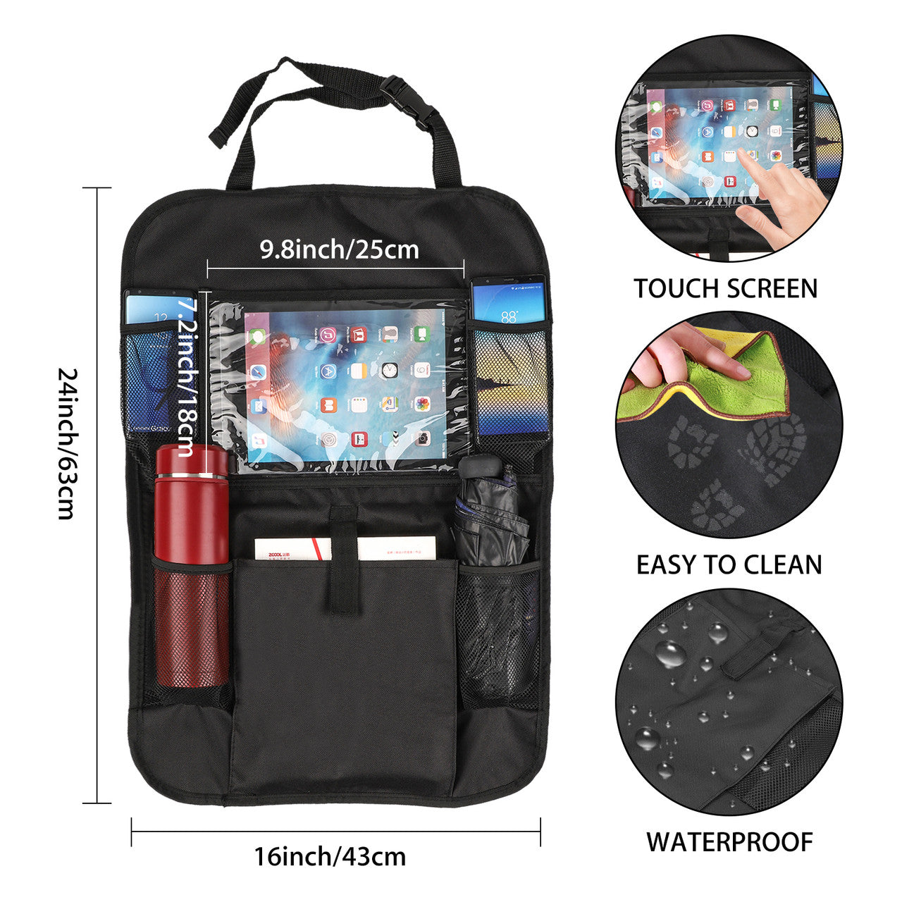 Car Backseat Organizer with Touch Screen Tablet Holder + 6 Storage Pockets