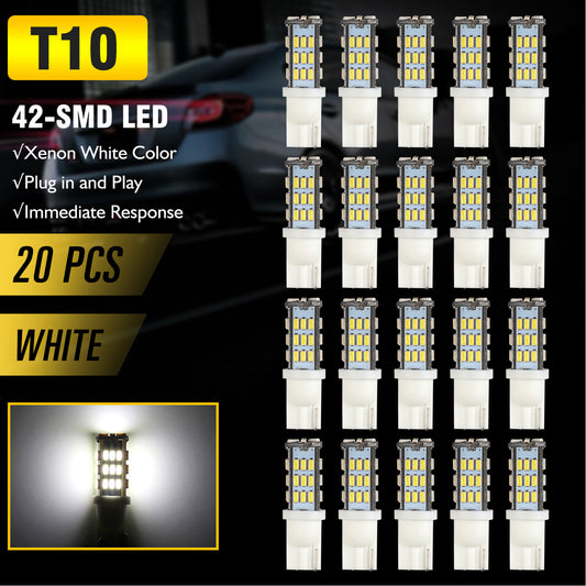 T10 194 LED Light Bulb 42-SMD Super Bright 168 2825 W5W LED Replacement 12V Bulbs For Car Dome Map Door License Plate RV Trailer Backup Reverse Lights, Pure White 6500K, 20Pcs