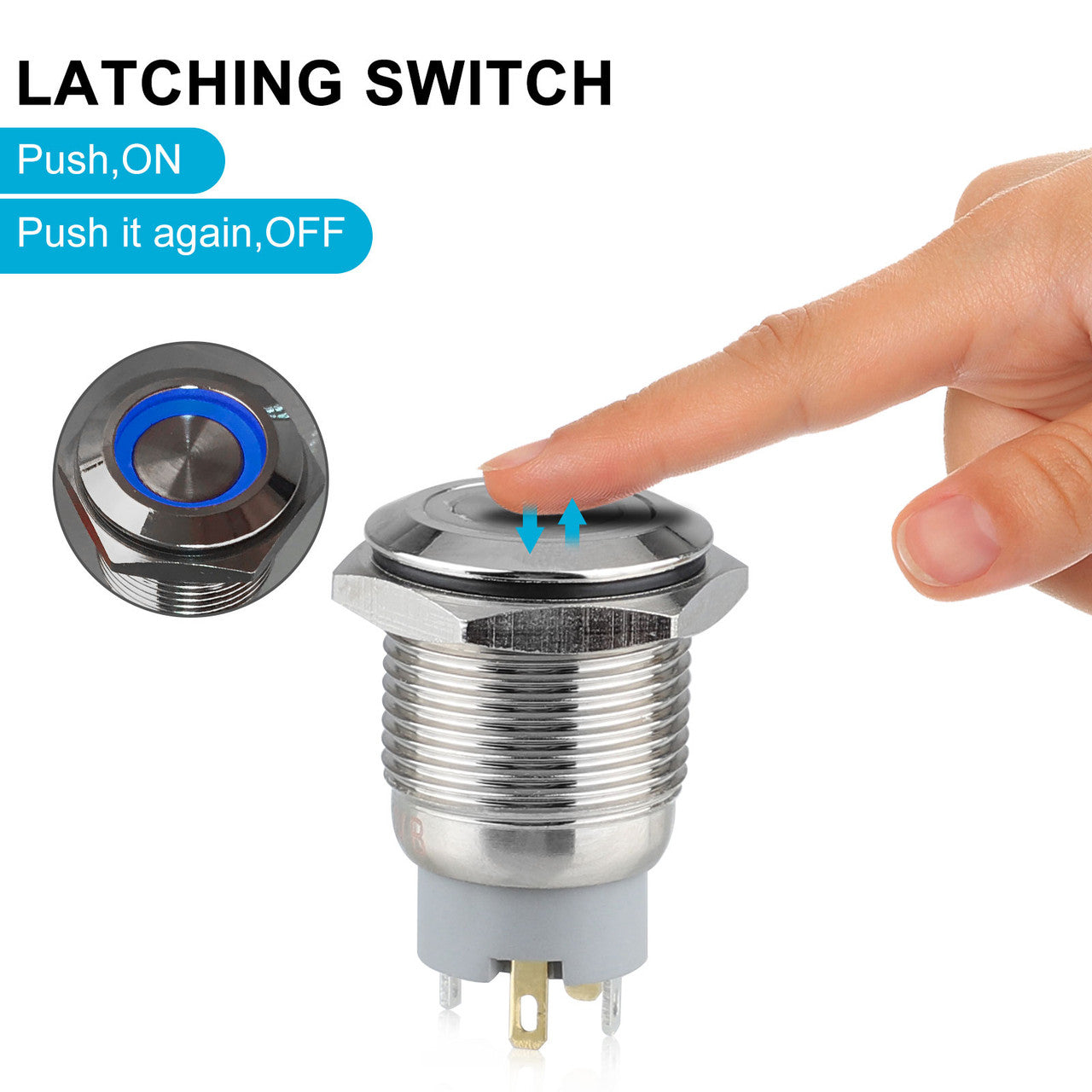 12V LED Metal Push Button Switch for Marine, Boat, Automotive and Aircraft Control Panels, 16mm Latching Push Button ON / OFF Switch, IP65 Waterproof & IK08, 5pcs