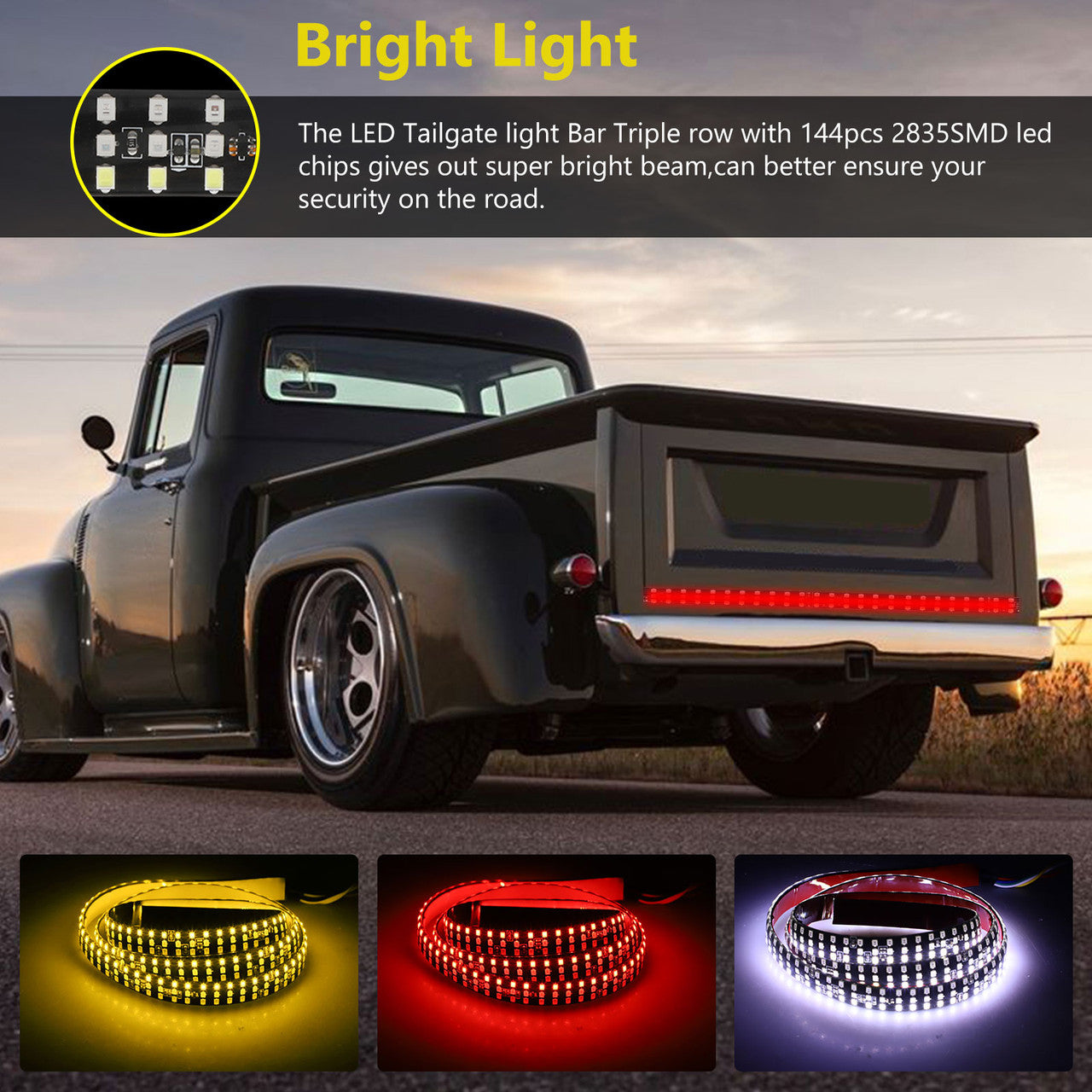 Truck Tailgate Light, 48" Triple Row 144-2835-SMD LED Brake Reverse Light Strip, IP67 Waterproof LED Auto Turning Light Bar for Van, Car, Trailer, RV