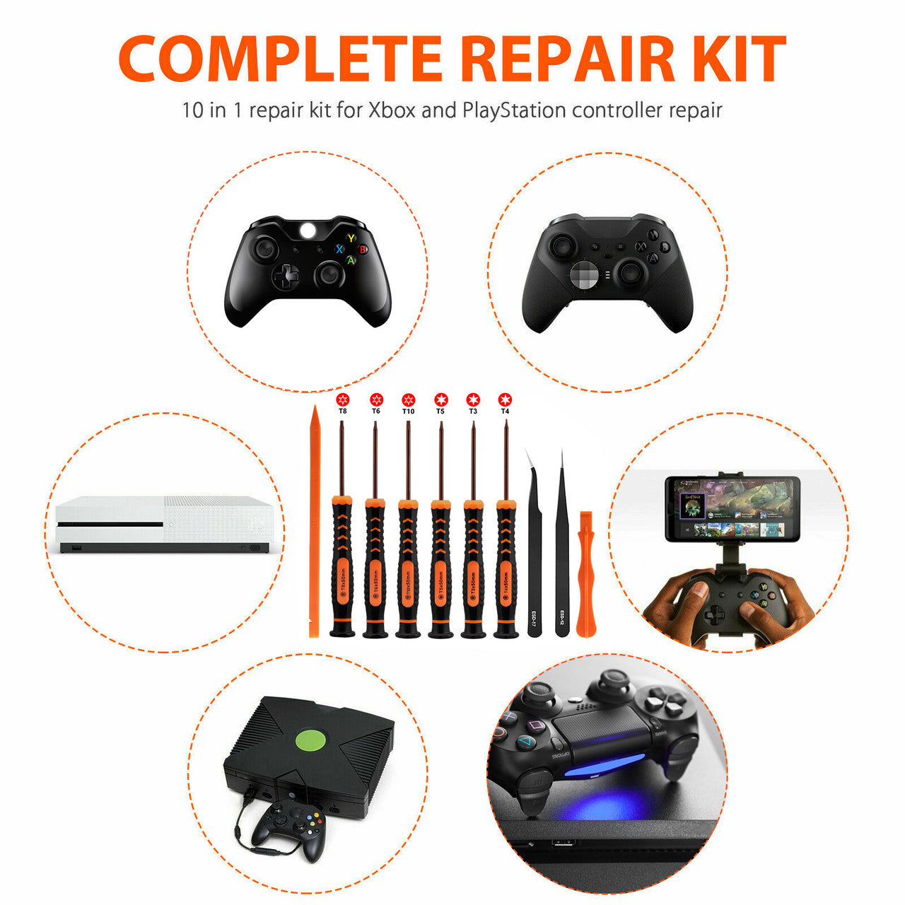 10 in 1 Repair Screwdriver Set for Xbox One/PS4 Controller, Non-slip Torx Security Screwdriver Tweezer Pry Repair Tool Kits