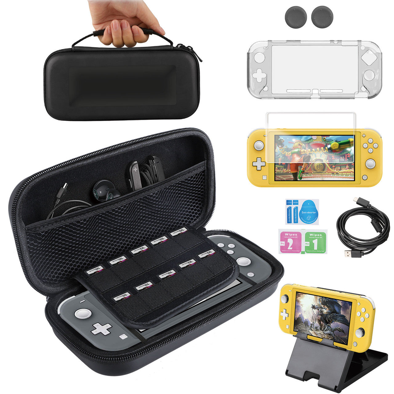 Complete Starter Kit for Nintendo Switch Lite, 7in 1 NS Lite 2019 Accessories Bundle W/ Screen Protector, Travel Case, Foldable Stand, Clear Case, Thumb Stick Cap, Type-c Charging Cable