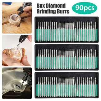 Diamond Burr Bits Drill Glass Gemstone Metal for Dremel Craftsman Rotary Tool - 1/8"(3mm) Shank w/Box Tip, 90 Pcs