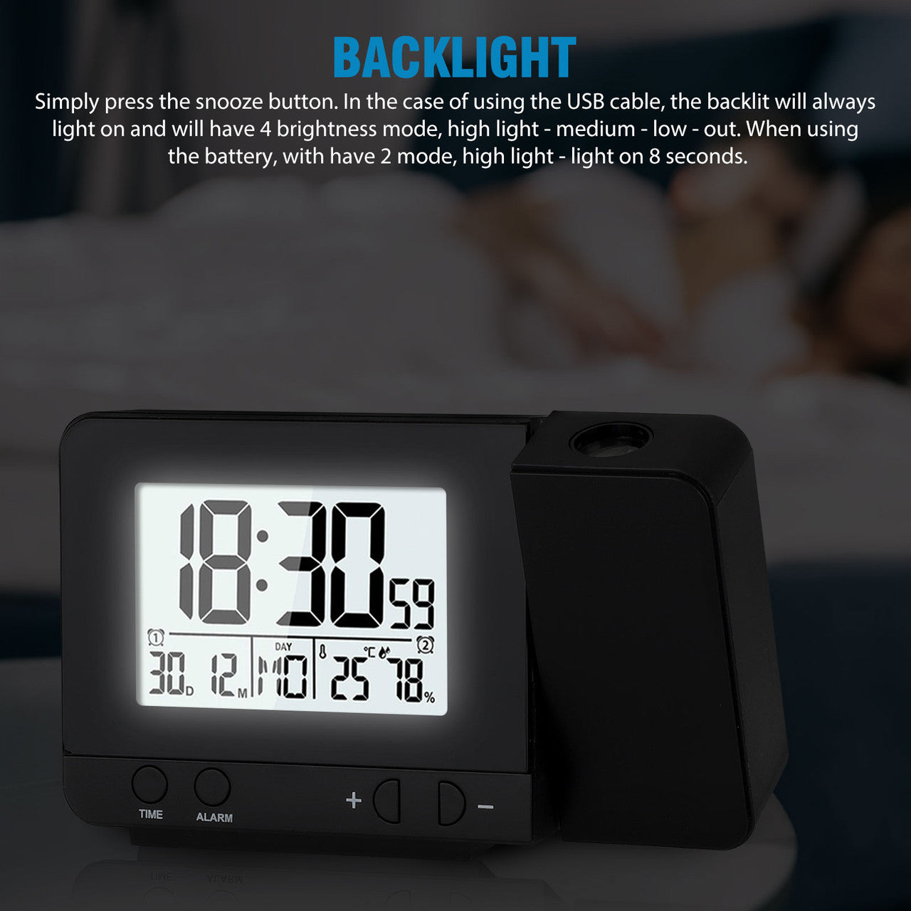 Digital Clock Projector with Indoor Thermometer, LED Display, USB Charging, Snooze Function, Black